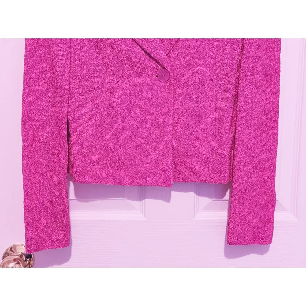 St. John Silk Wool Boucle Knit Single Button Blazer Jacket S/M Pink Preppy